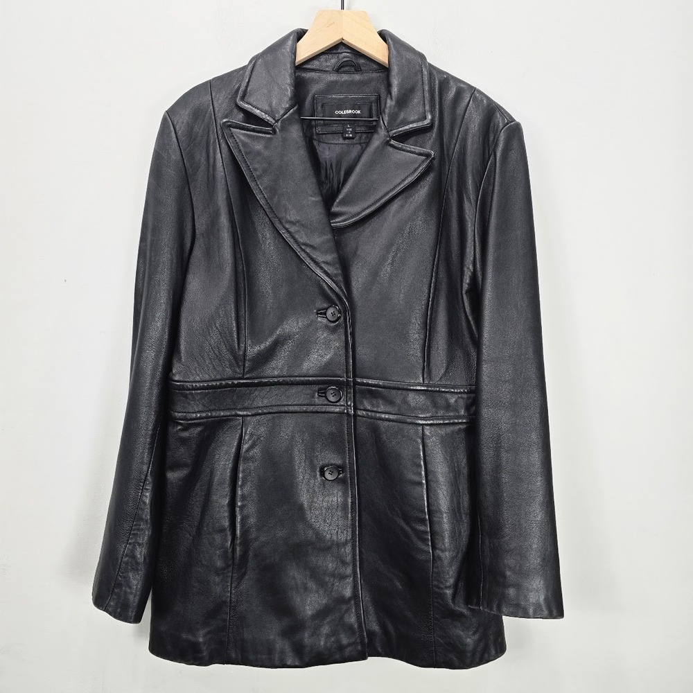 Vintage 90s Leather Jacket Coat Women's L Black Alt Grunge Goth Classic Matrix - Picture 1 of 16